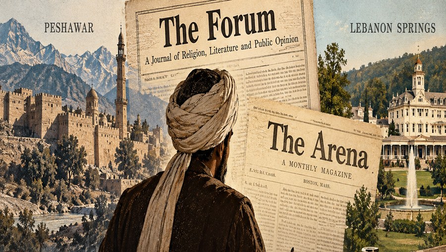 Historical illustration representing Ibn Ishak and the 1892 American debate over Islam